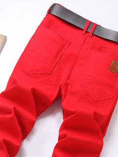 Spring New Men's Red Elastic Jeans Korean Slim Straight Leg Wash Denim Pants Comfortable Soft Casual Trendy High End Trousers