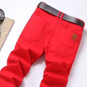 Spring New Men's Red Elastic Jeans Korean Slim Straight Leg Wash Denim Pants Comfortable Soft Casual Trendy High End Trousers