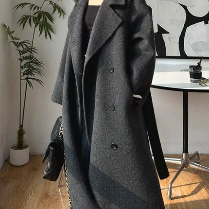 Korean Fashion Dark Gray Stand Collar 100%Wool Coat Women Long Winter Jacket