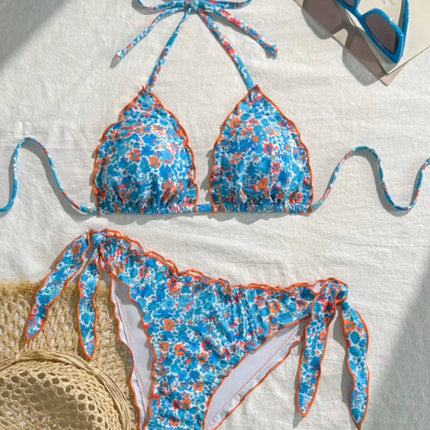 Nuovo Set Bikini Donna Estivo con Stampa Floreale Arancione, Halter con Volant, Push-Up e Perizoma con Laccetti Laterali PlatiNum