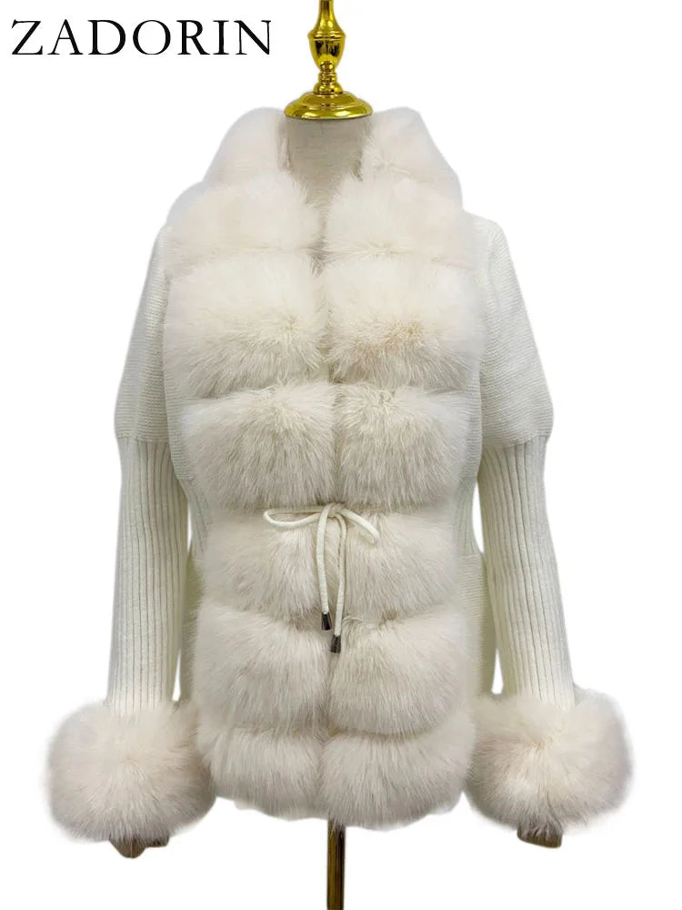 ZADORIN Autumn Winter Women Faux Fur Coat Luxury Knitted Sweater Fur Cardigan Detachable Collar White Pink Jacket Faux Fur Coats