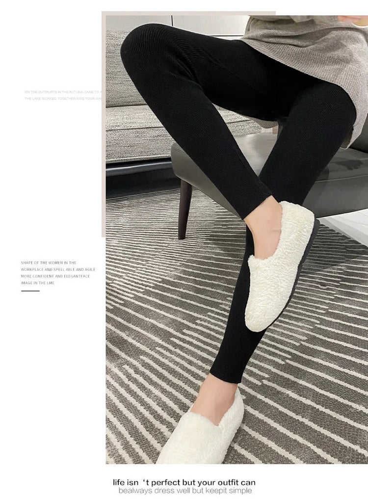 Autumn Winter Women Wool Thickening Leggings High Waist Ribbed Vertical Stripe Casual Knitted Leggings Warm Wear out Pantyhose PlatiNum