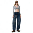 Women’s High-Waisted, Wide-Leg, Curved-Fit Jeans with Matching Scarf Belt Included, Vintage-Wash Blue Denim with Diagonal Stitching, Casual Retro-Style Trousers for Everyday Wear  FX-5380-1