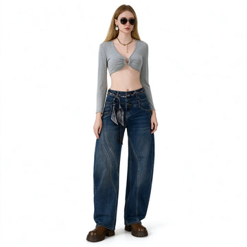 Women’s High-Waisted, Wide-Leg, Curved-Fit Jeans with Matching Scarf Belt Included, Vintage-Wash Blue Denim with Diagonal Stitching, Casual Retro-Style Trousers for Everyday Wear  FX-5380-1