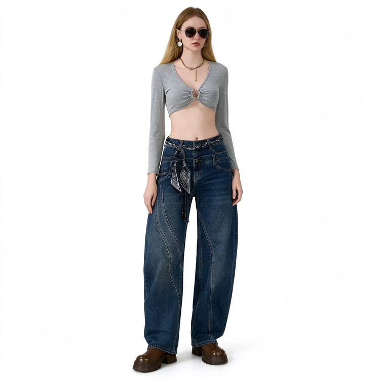 Women’s High-Waisted, Wide-Leg, Curved-Fit Jeans with Matching Scarf Belt Included, Vintage-Wash Blue Denim with Diagonal Stitching, Casual Retro-Style Trousers for Everyday Wear  FX-5380-1