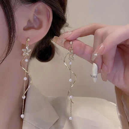 Green Shiny Zircon Flower Drop Earrings For Women Luxury Crystal Long Tassel Ear Line Hanging Earring Girls Wedding Jewelry Gift PlatiNum