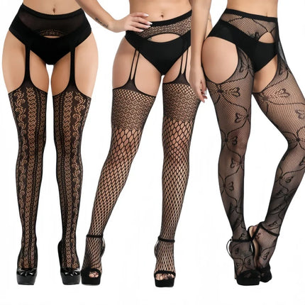 Calze a rete sexy da donna da 3 pezzi Collant con reggicalze alti fino alla coscia con reggicalze Design con motivo scavato per uso occasionale