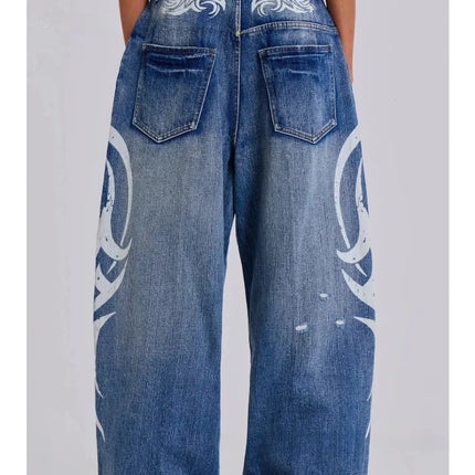 Jeans Vintage Y2k Strappati Deeptown per Donna, Pantaloni in Denim Blu Larghi con Stampa Harajuku, Stile Hip Hop Grunge Streetwear