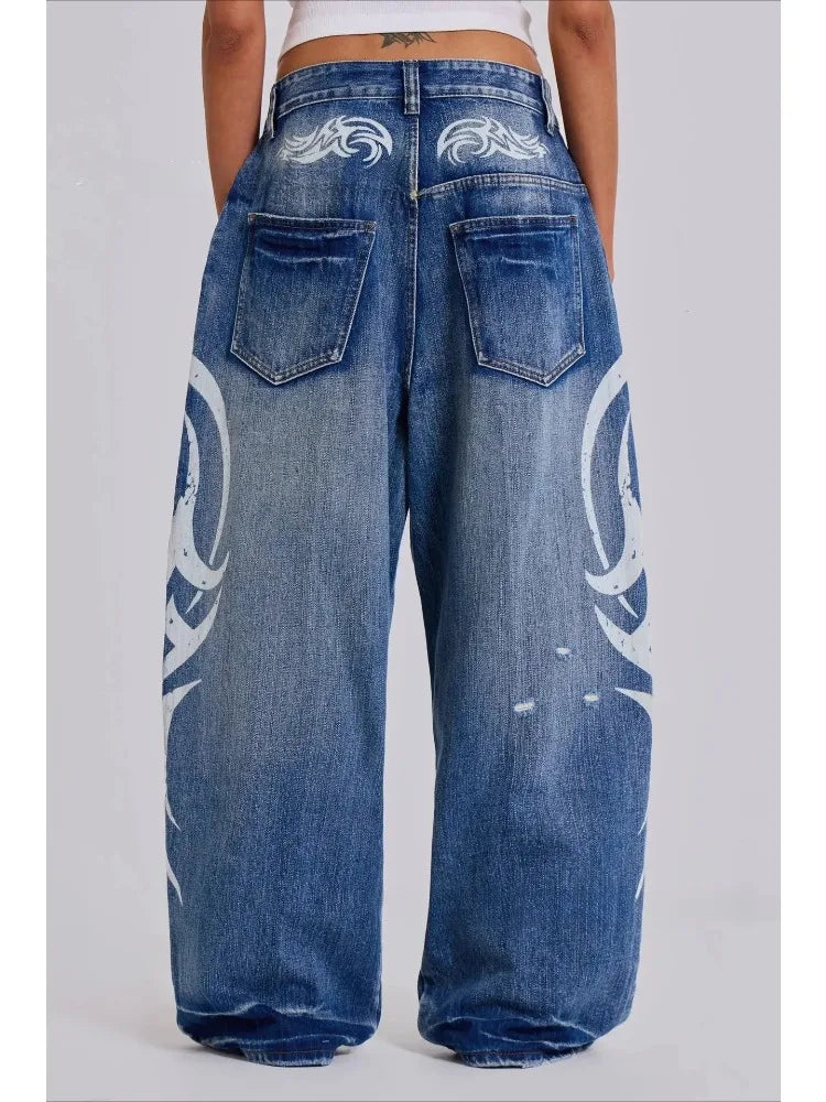 Jeans Vintage Y2k Strappati Deeptown per Donna, Pantaloni in Denim Blu Larghi con Stampa Harajuku, Stile Hip Hop Grunge Streetwear