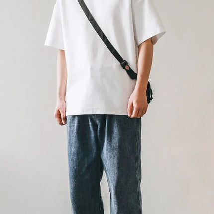 Small Neck T-shirts Men 350gsm Cotton Solid Color Male Short-sleeved T-shirt Spring Summer Loose Bottoming Shirt Casual T Shirts PlatiNum