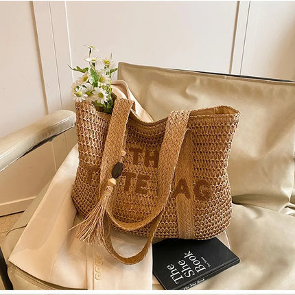 Women's Large Capacity French Style Woven Straw Bag, New Beach Vacation Crossbody Bag, Casual Commuter Tote Bag
