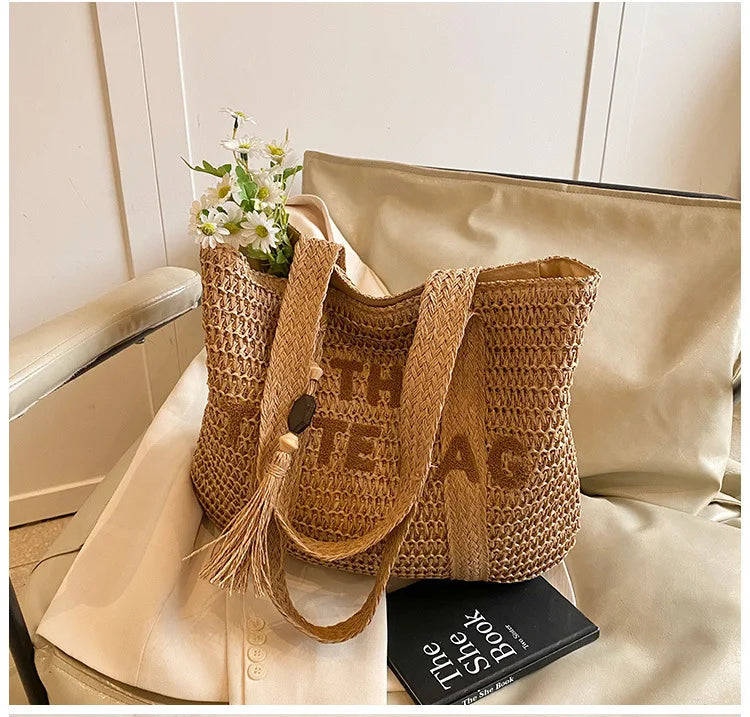 Borsa da donna in paglia intrecciata di grande capacità in stile francese, nuova borsa a tracolla per vacanze al mare, borsa tote da pendolarismo casual