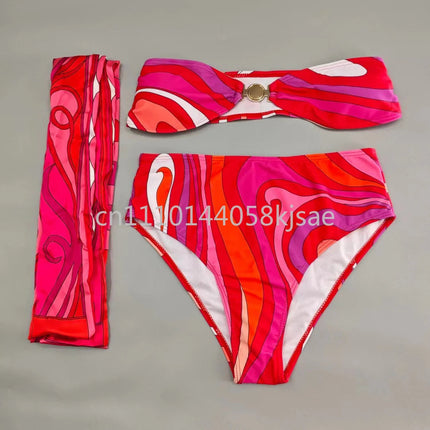 Set Bikini Rosso da Donna dal Design Classico, Costume da Bagno di Marca alla Moda con Fascia per Capelli platinumshop