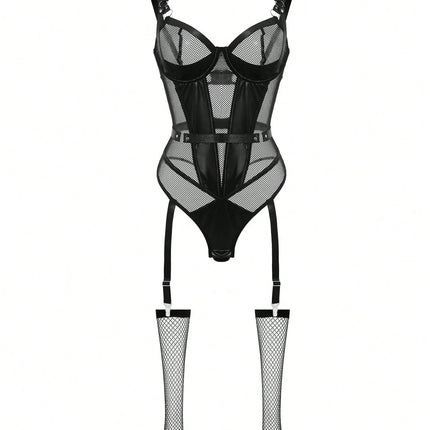 Sheer Mesh Corset Bodysuit Suspender Lingerie Set for Women Elegant Push-up Bra Underwear