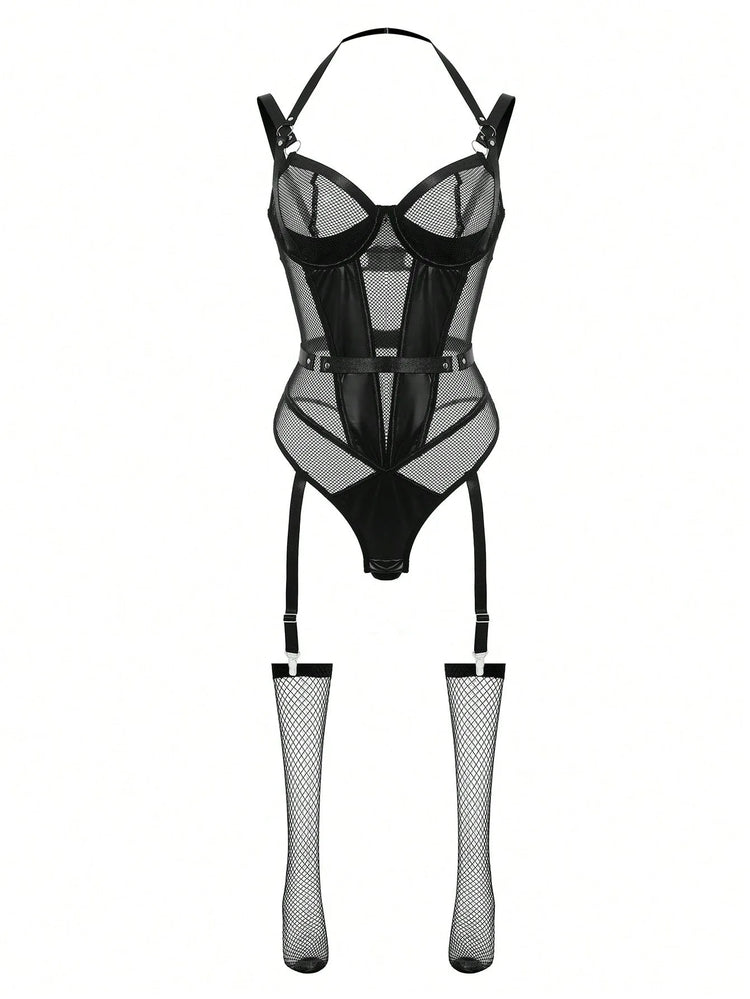 Sheer Mesh Corset Bodysuit Suspender Lingerie Set for Women Elegant Push-up Bra Underwear