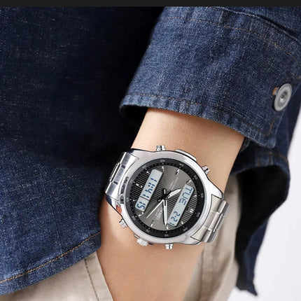 Skmei orologio da polso analogico al quarzo da uomo cinturino in acciaio inossidabile di lusso Led impermeabile digitale sportivo sveglia a tre fusi orari platinumshop