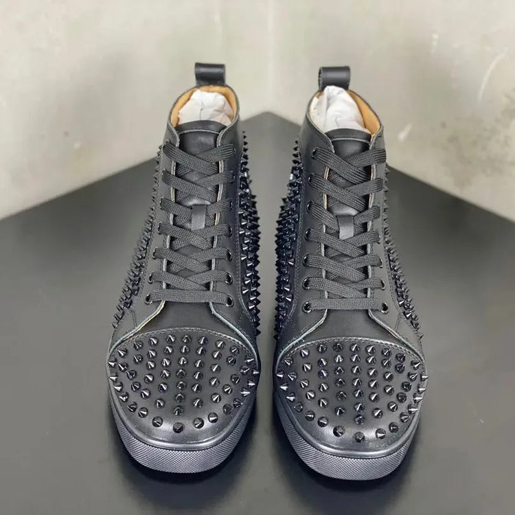 Black Studded Leather Rivets High-Top Sneakers Classic Designer Style Round Toe Men's Sports Shoes Comfort Lace-Up Casual Shoes