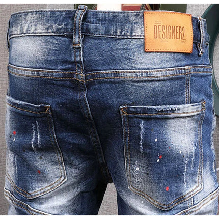 Fashion Streetwear Men Jeans Retro Black Blue Elastic Slim Fit Ripped Jeans Men Spliced Designer Embroidery Hip Hop Denim Pants PlatiNum