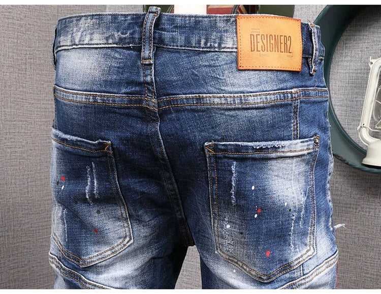 Fashion Streetwear Men Jeans Retro Black Blue Elastic Slim Fit Ripped Jeans Men Spliced Designer Embroidery Hip Hop Denim Pants PlatiNum