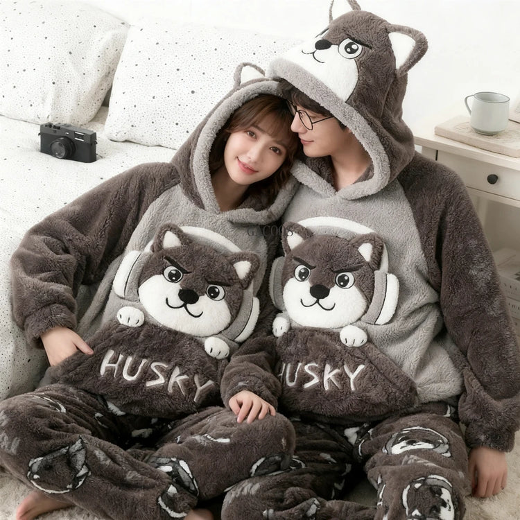 New 2026 Couple Pajamas Set Women's Thickened Fleece-lined Coral Velvet Men Sleepwear For Winter Cute Cat Homewear