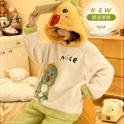 2024 New Plush Pajamas Set for Women Thick Hooded Women 2 Piece Clothes Set Cute Rabbit Women Pyjamas Coral Fleece Warm Homewear