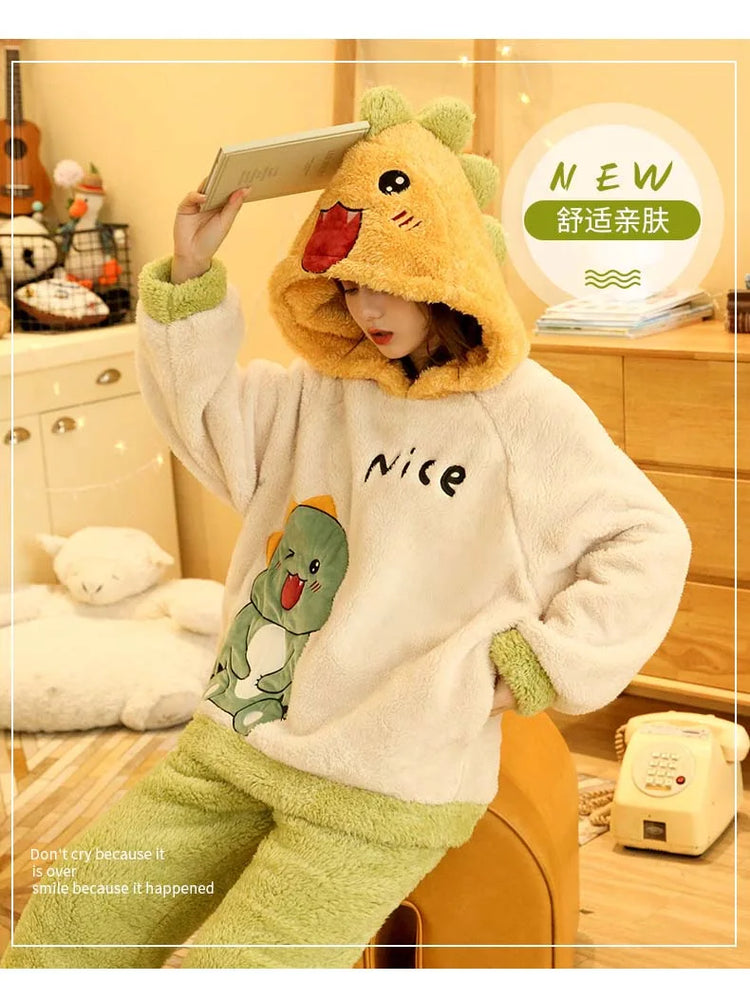 2024 New Plush Pajamas Set for Women Thick Hooded Women 2 Piece Clothes Set Cute Rabbit Women Pyjamas Coral Fleece Warm Homewear