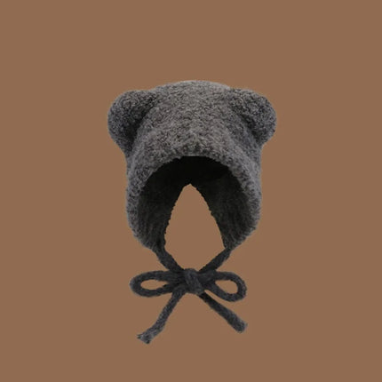 1Pc Women Cute Warm Beanie with Bear Era Earmuffs,Outdoor Travel Cycling Knitt Thick Fluffy Warm Pullover Cap for Autumn/Winter