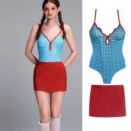 Costume da Bagno a Quadri con Design Snellente, Stile Conservativo, Schiena Scoperta, Gonna, Costume da Bagno Blu Fresco, Set Bikini, Abbigliamento da Resort platinumshop