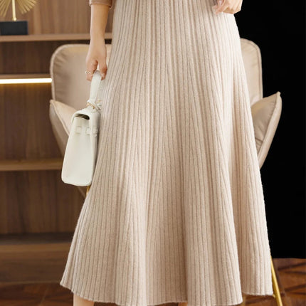 Elegant Women's Pleated Skirt 100% Merino Wool Skirt A-Line Long Skirt Soft Warm Autumn Winter Dress Slim Elastic Waist Office PlatiNum