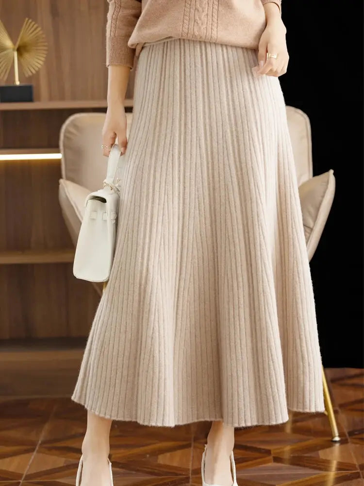 Elegant Women's Pleated Skirt 100% Merino Wool Skirt A-Line Long Skirt Soft Warm Autumn Winter Dress Slim Elastic Waist Office PlatiNum