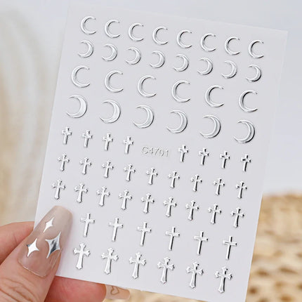 6Sheets Metallic Silver 3D Nail Art Stickers Self‑Adhesive Decals Star Chain Heart Pattern for DIY Manicure Nail Decor Accessories
