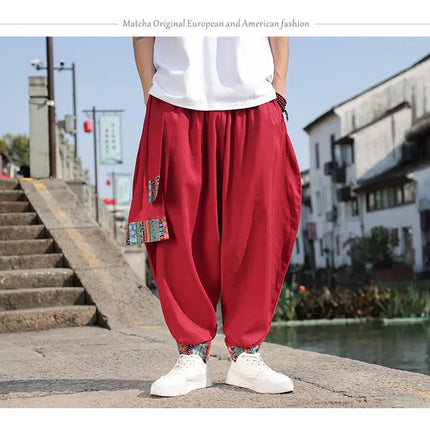 Pantaloni Larghi da Uomo Stile Cinese Retrò 2026, Taglie Forti, di Tendenza, Moda High Street, in Cotone e Lino, Leggings Uomo