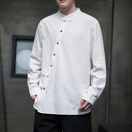 Camicie di lino in cotone Stile cinese Abito tradizionale retrò Tang Top da uomo Kung Fu Tai Chi Camicie casual a maniche lunghe in tinta unita da uomo