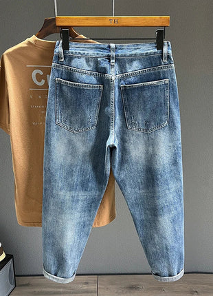 Ripped Jeans Men New Personality Fashion Vintage Blue Streetwear Baggy Denim Pants Casual Tapered Hole Frayed Trousers Male PlatiNum