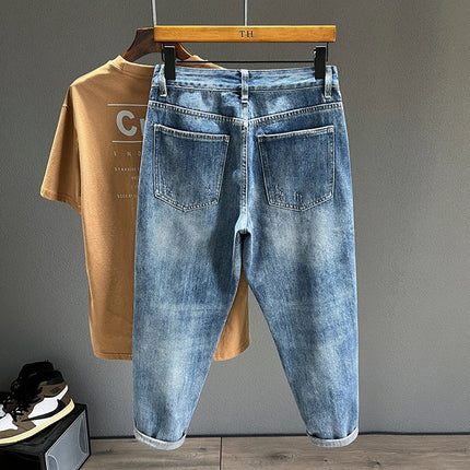 Ripped Jeans Men New Personality Fashion Vintage Blue Streetwear Baggy Denim Pants Casual Tapered Hole Frayed Trousers Male PlatiNum
