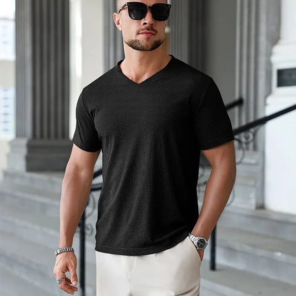 2025 New Men's Casual Short Sleeved Bone Flower Solid Color O-neck T-shirt Fashion Breathable Comfortable Summer Versatile Top PlatiNum