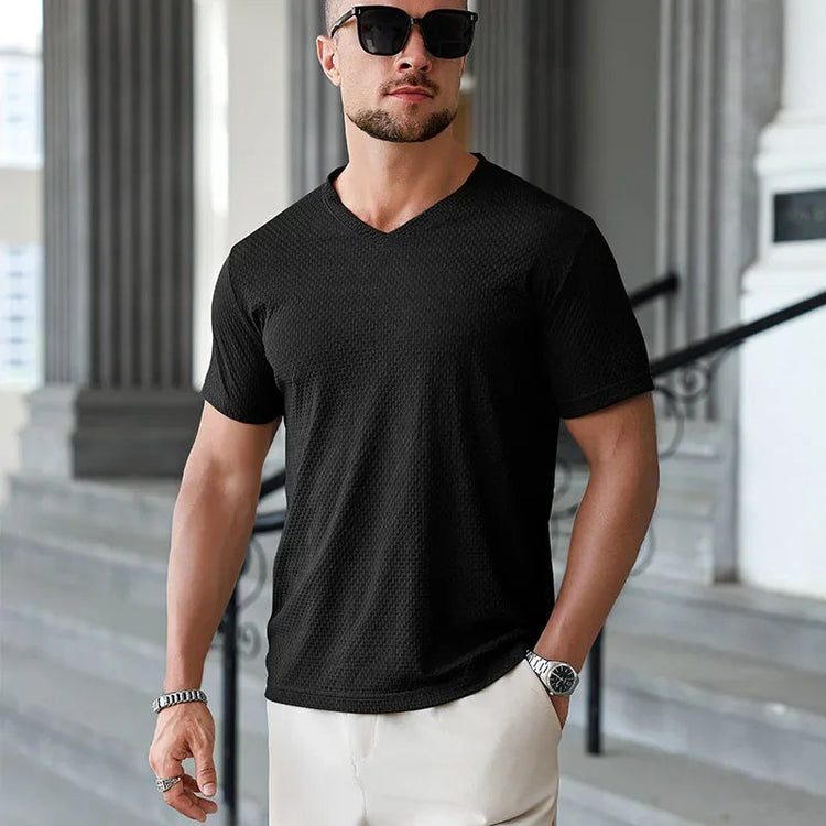 2025 New Men's Casual Short Sleeved Bone Flower Solid Color O-neck T-shirt Fashion Breathable Comfortable Summer Versatile Top PlatiNum
