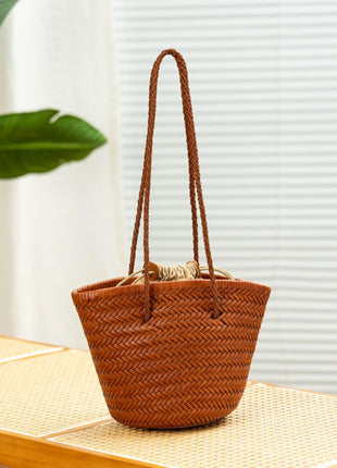Borsa a secchiello intrecciata a mano 2026 in vera pelle, borsa a tracolla vintage da donna per uso quotidiano, pendolarismo e vacanze