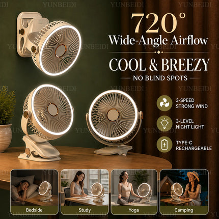 Ventilatore Portatile con Clip e Luci LED, 3 Velocità Regolabili, Silenzioso, da Scrivania, per Casa, Camera da Letto e Campeggio