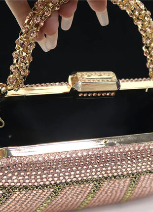 Popular In Nigeria Exquisite Evening Bags With Diamond Design Fashion Handle Clutch Rhinestone Embellished Long Chain Bag PlatiNum