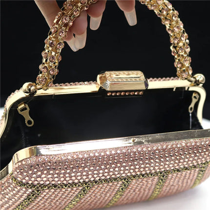 Popular In Nigeria Exquisite Evening Bags With Diamond Design Fashion Handle Clutch Rhinestone Embellished Long Chain Bag PlatiNum