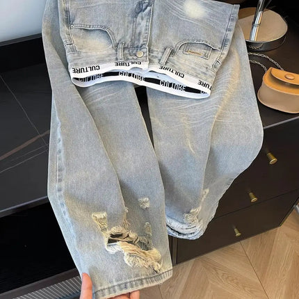 Jeans Vintage Americani Strappati e Patchwork per Donna, Blu Chiaro, Vita Alta, Gamba Larga, Pantaloni in Denim per Primavera e Autunno