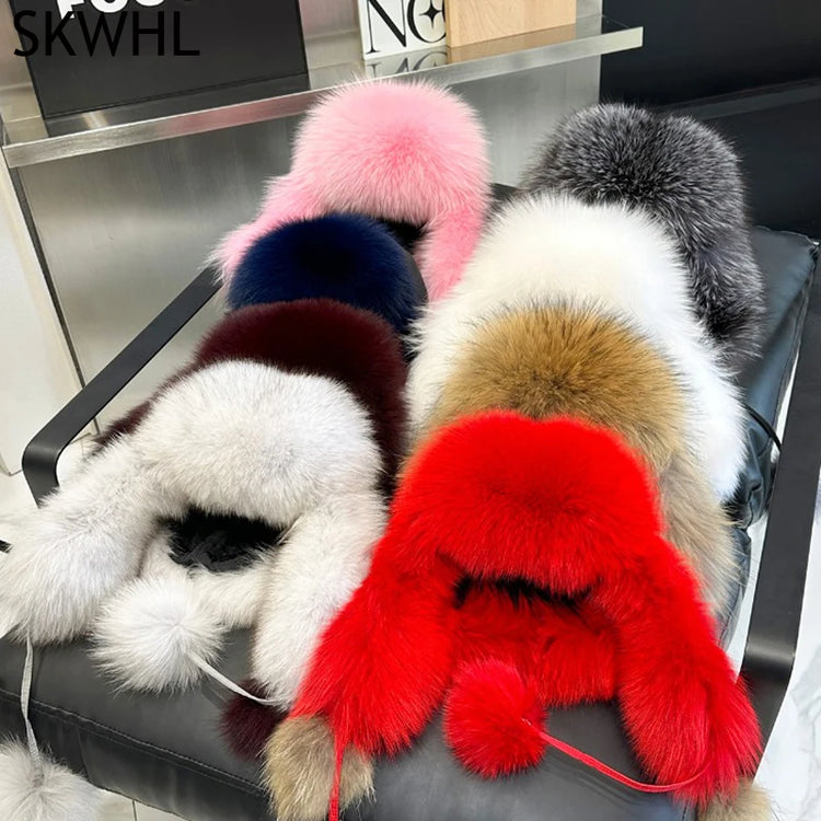 2026 100% Real Fox Fur Hats Women's Russian Ushanka Aviator Trapper Snow Skiing Hat Caps Earflap Winter Raccoon Fur Outerwear Ha