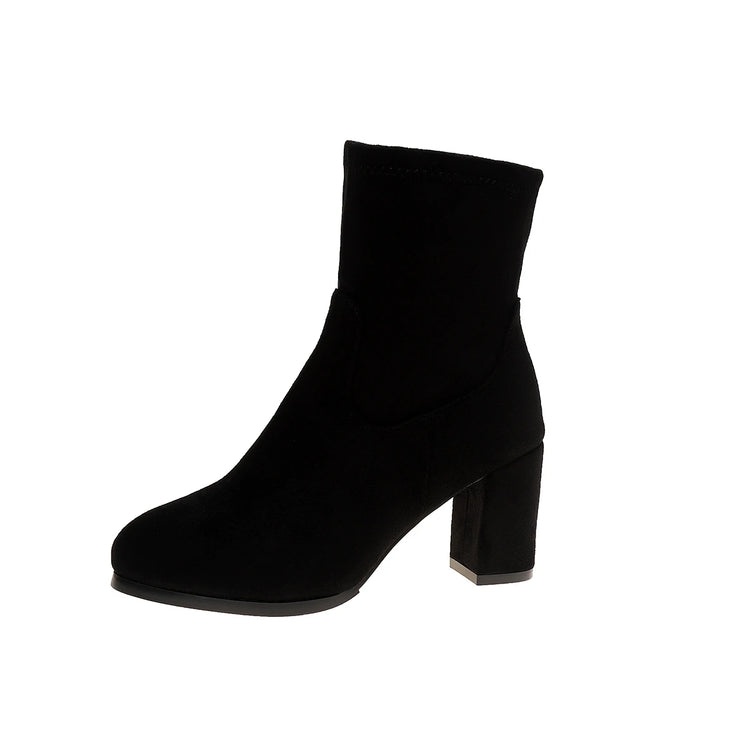 Winter Round Head Suede Side Zipper Sexy Square Heel Work Boots Fashionable New Elegant Non-slip Casual Knight Boots for Women