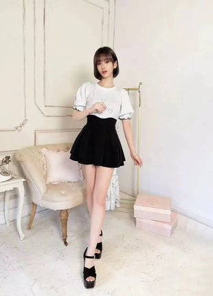 Minigonna a balze Lautaro Primavera Estate Nera Dolce Carina Kawaii a Vita Alta da Donna, Abbigliamento Cutecore Stile Giapponese Moda