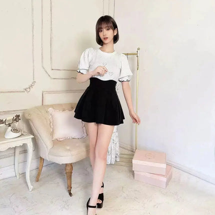 Lautaro Damen-Stufenminirock Frühling Sommer, Schwarz, Süß, Kawaii, Hohe Taille, Cutecore-Kleidung, Japanischer Modestil