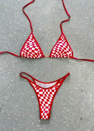 Costume da bagno sexy 2026 Nuovo micro bikini donna costumi da bagno scozzesi anello dorato gamba alta costume da bagno a due pezzi con spalline costumi da bagno Biquini