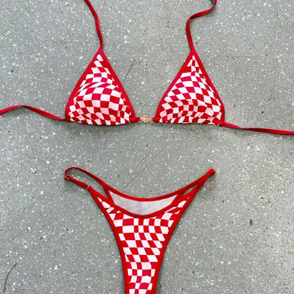 Costume da bagno sexy 2026 Nuovo micro bikini donna costumi da bagno scozzesi anello dorato gamba alta costume da bagno a due pezzi con spalline costumi da bagno Biquini