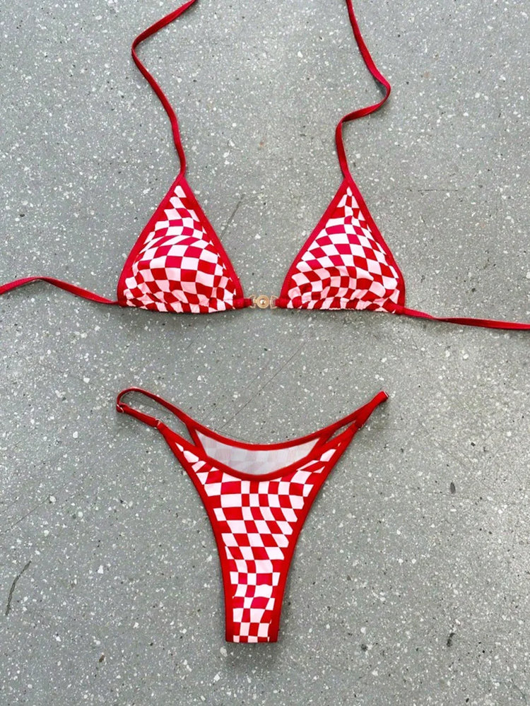Costume da bagno sexy 2026 Nuovo micro bikini donna costumi da bagno scozzesi anello dorato gamba alta costume da bagno a due pezzi con spalline costumi da bagno Biquini