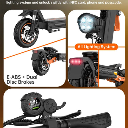 Monopattino Elettrico Pieghevole Fynzo S11, Velocità Massima 45km/h, 1100W 48V/15.6Ah, Doppia Sospensione, Autonomia 60km, Pneumatici Tubeless da 10'', Potenza di Picco 1100W, NFC